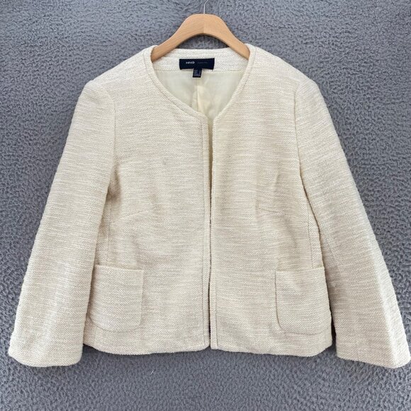 Mango Jacket Womens Medium Ivory Gold Shimmer Cropped 3/4 Sleeve Pocket Casual* - Picture 1 of 10